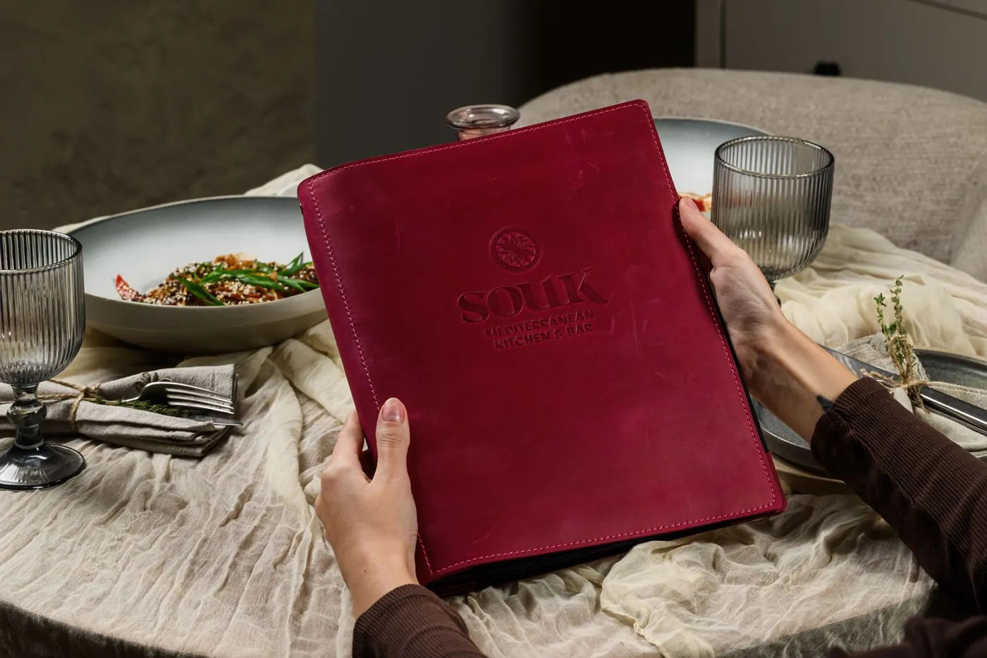 Burgundy leather menu cover