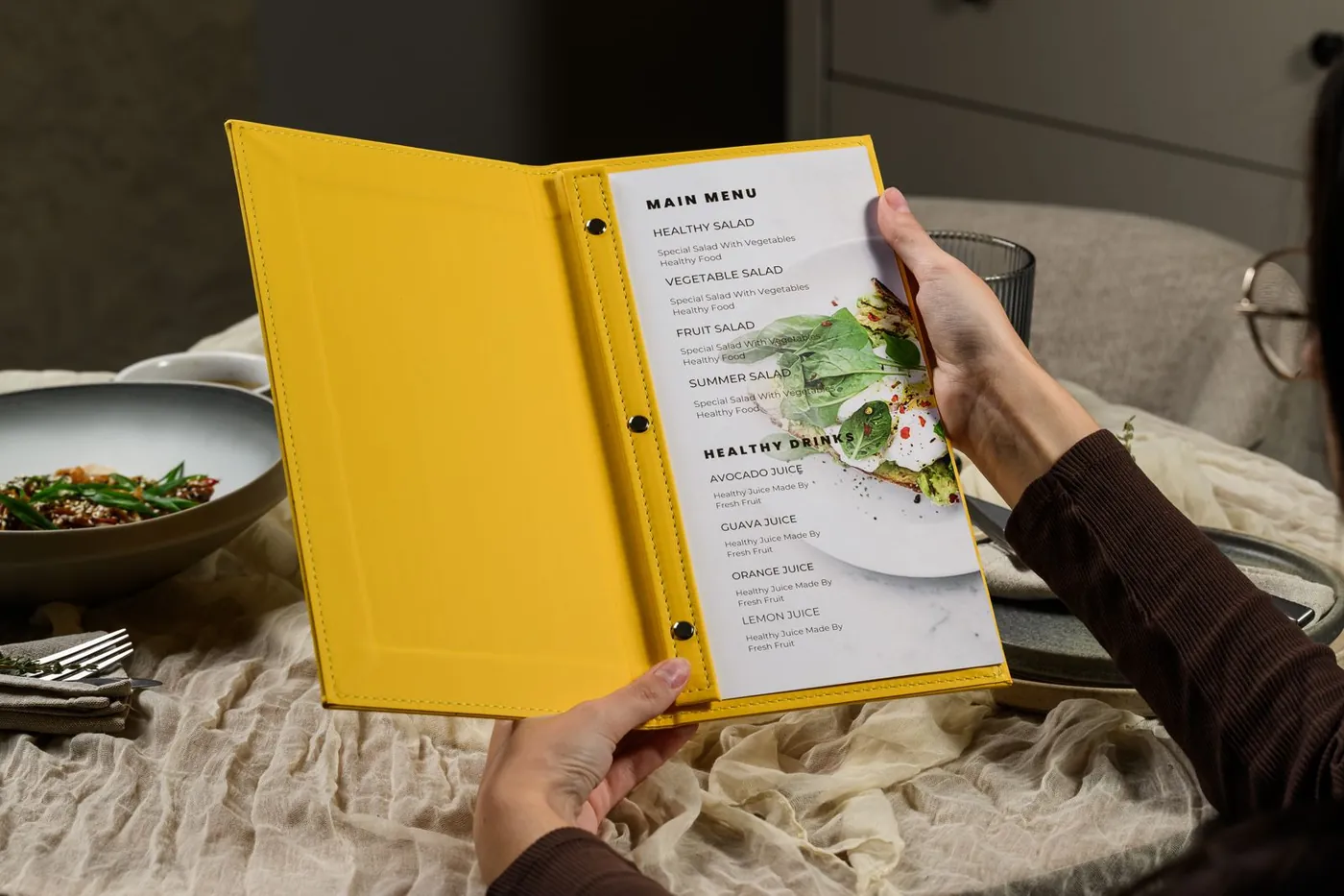 Yellow leather menu cover, screw binding